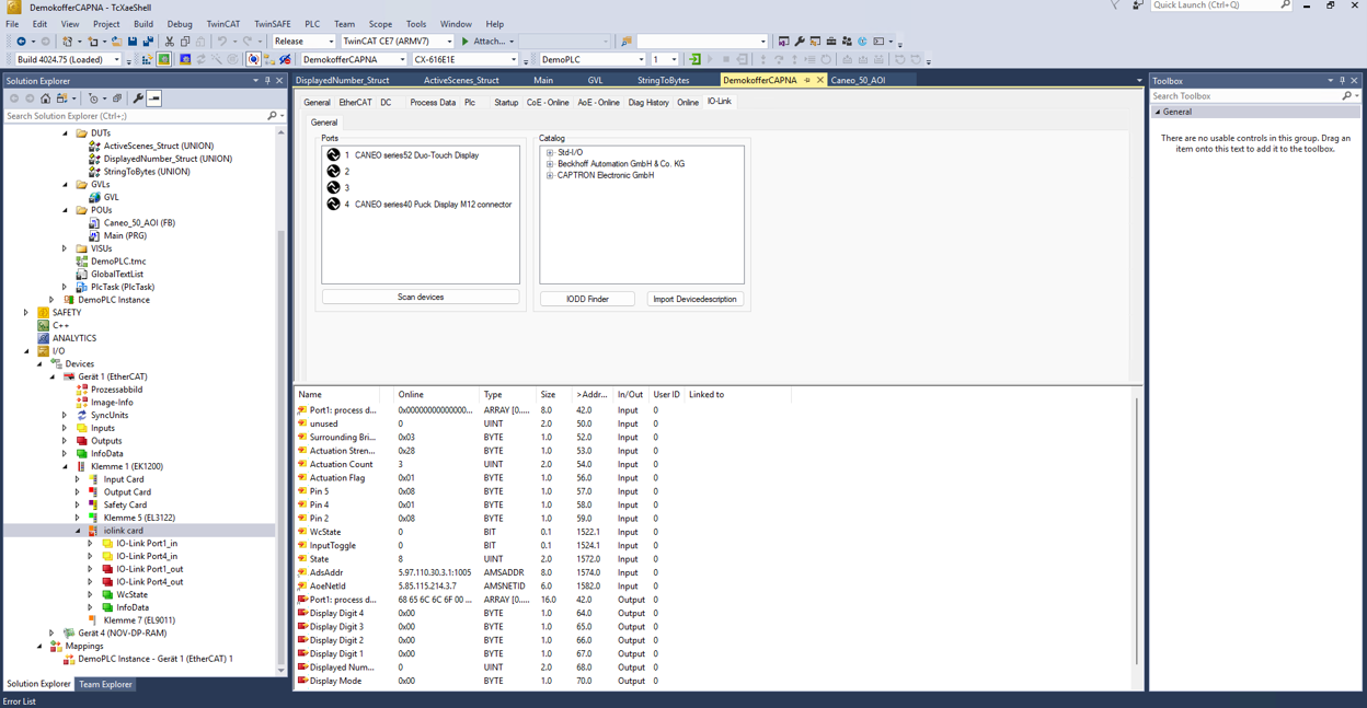 TwinCAT IO-Link tab with the device catalog and Scan devices button