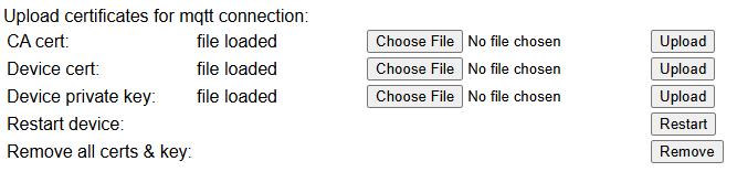 Certificate upload section of the web setup page with CA cert, device cert and device private key rows, each with a file chooser and upload button, plus restart and remove controls