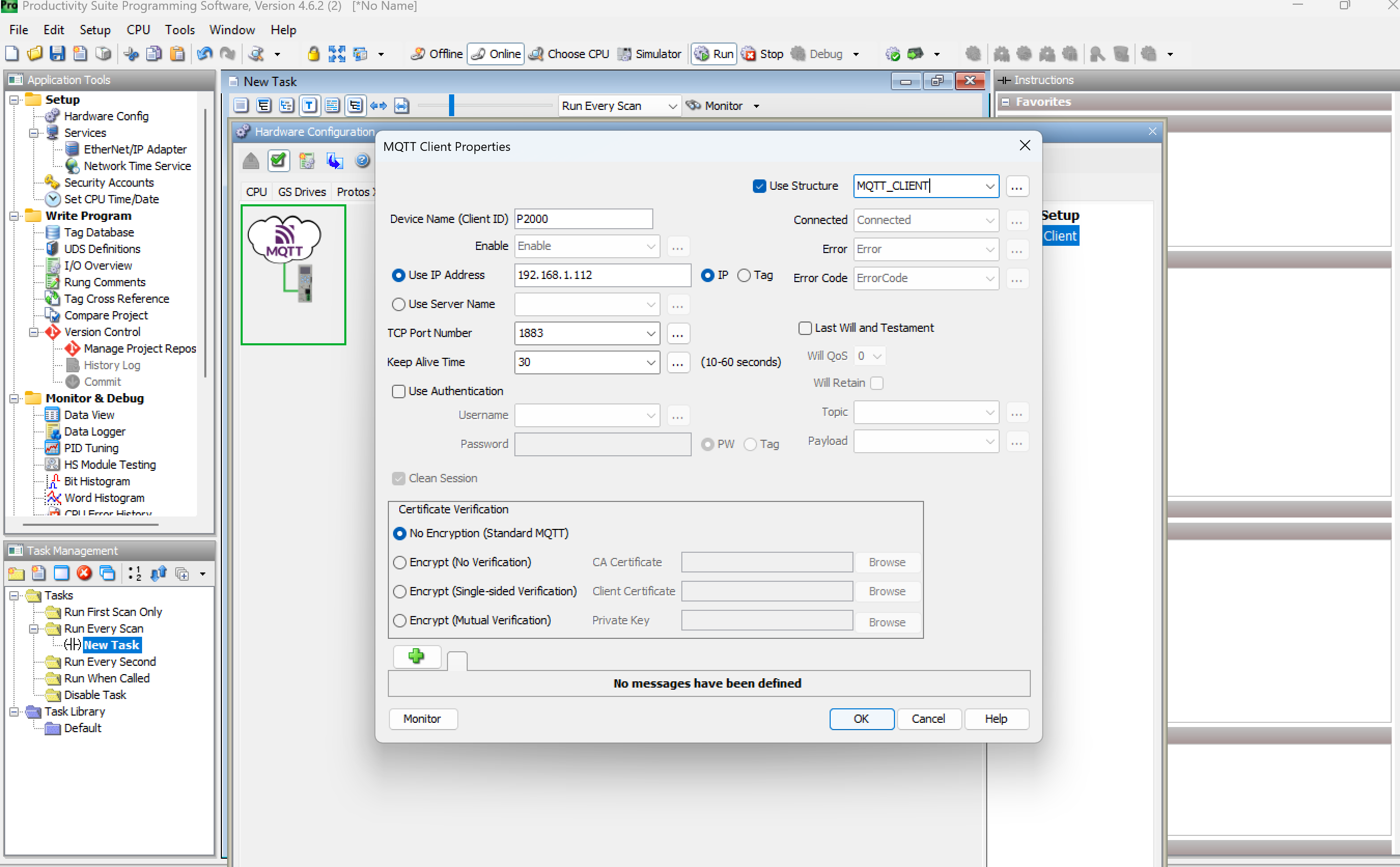 MQTT Client dialog with Client ID, IP, and struct configured