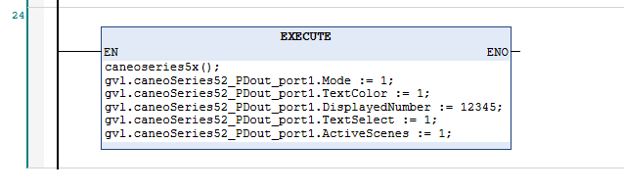 EXECUTE rung calling the function block and writing values to the process data