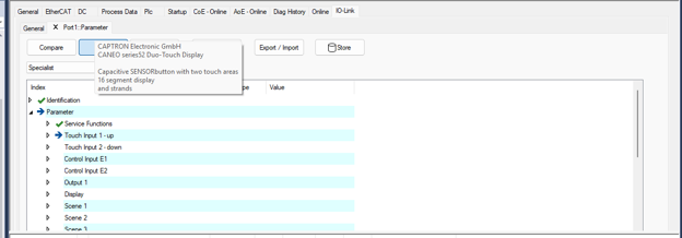Port 1 parameter view showing the CANEO series5x IODD parameters