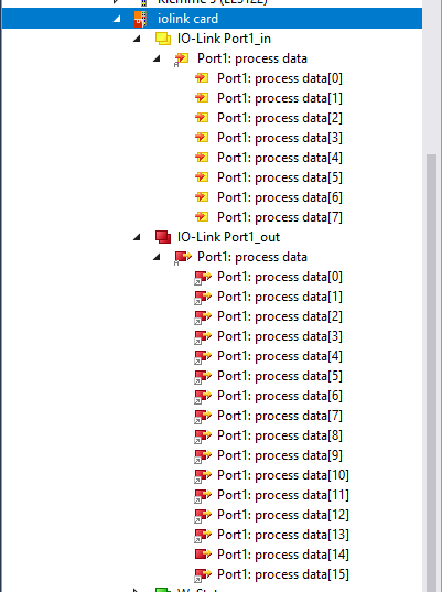 Solution Explorer tree showing Port1 process data in (0-7) and out (0-15)