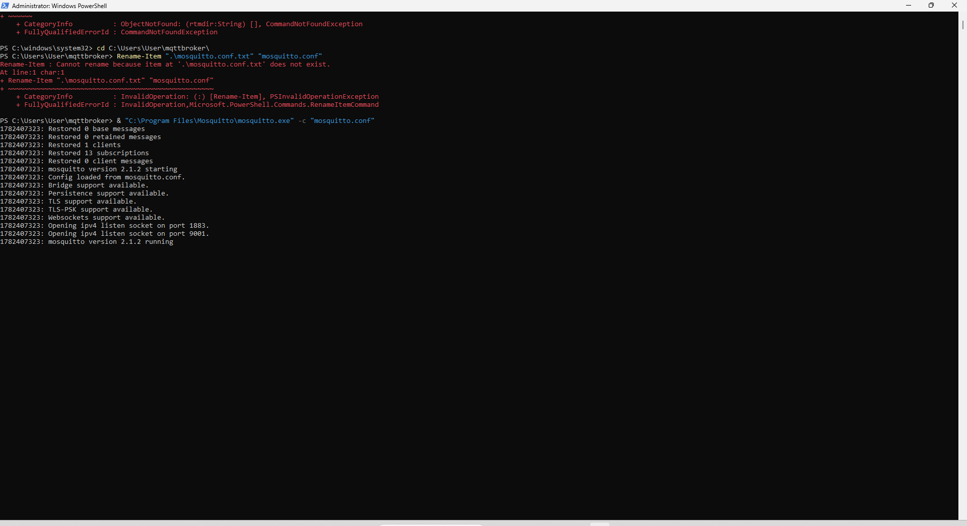 PowerShell running mosquitto.exe; the broker boots and stays running on ports 1883 and 9001