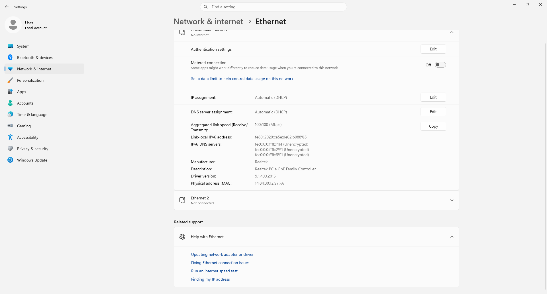 Network &amp; Internet → Ethernet settings page