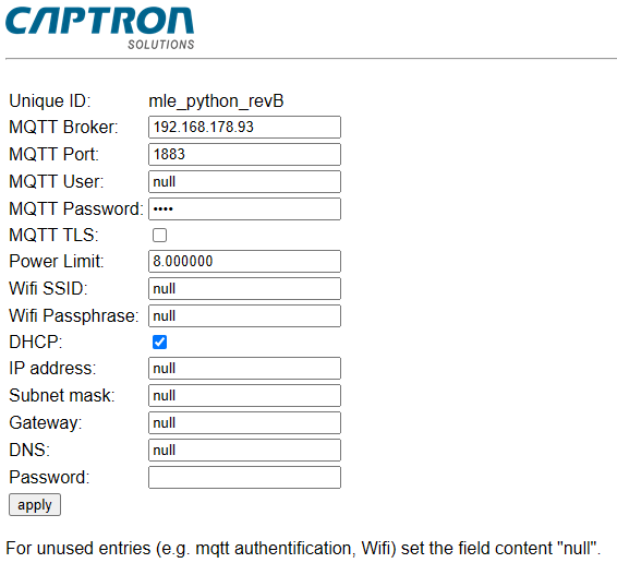 Web-Setup-Seite von CAPTRON SOLUTIONS mit den Feldern Unique ID, MQTT Broker, Port, Benutzer, Passwort, TLS, Power Limit, WiFi, DHCP und statische IP sowie einer Schaltfläche zum Übernehmen